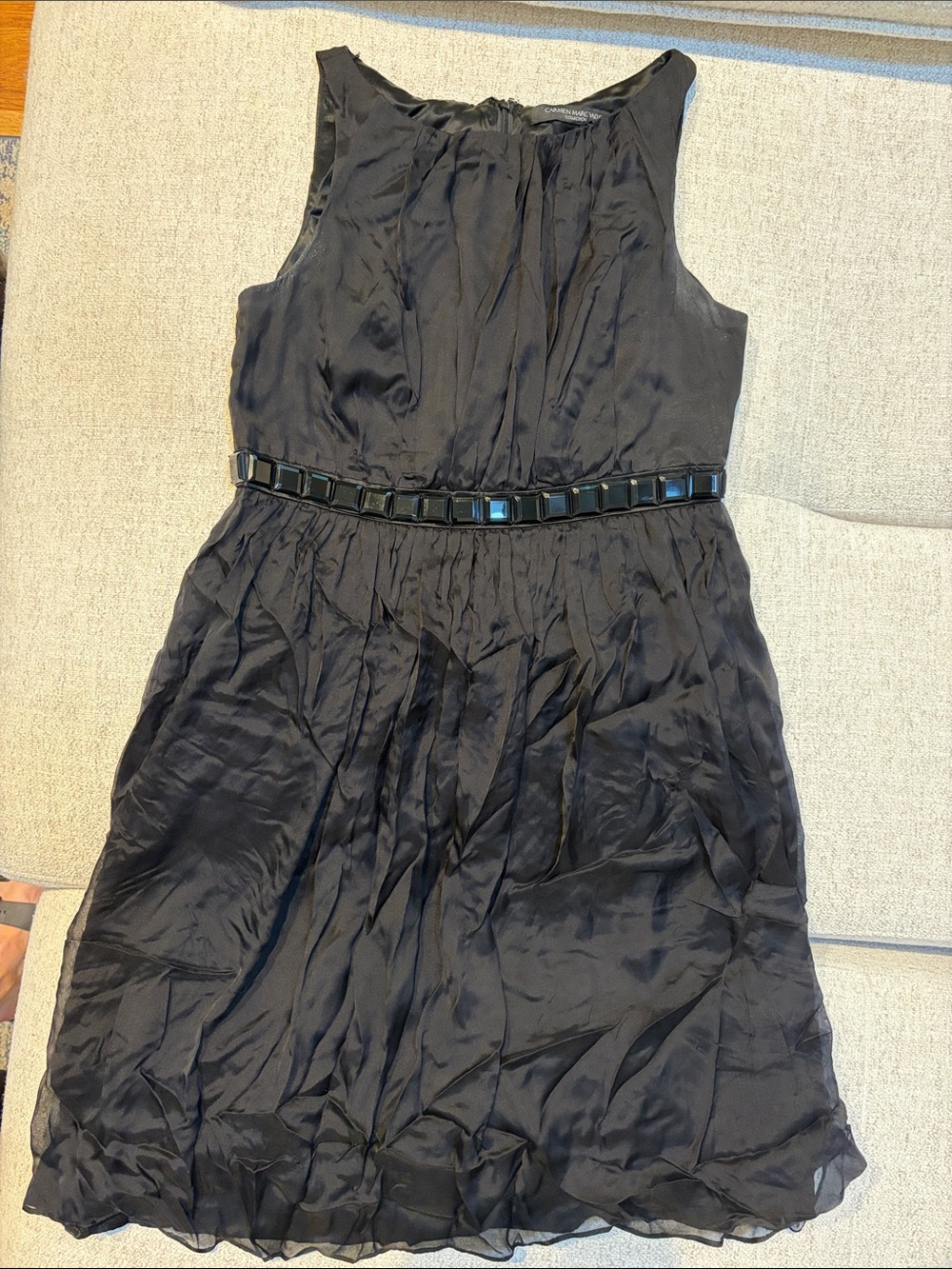 Carmen Marc Valvo Black Sleeveless Silk Mini Dress with Embellished Waistband